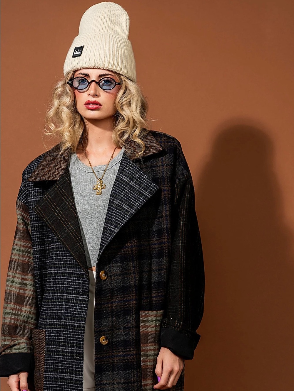 Dressed in LALA Risk Something Longline Plaid Patchwork Coat - Picture 3 of 6